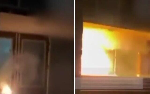 Un incendie provoqué par une explosion devant une synagogue de Rotterdam le 13 mars 2026 (Crédit : Capture d'écran via X, utilisée conformément à l'article 27a de la loi sur le droit d'auteur) Un incendie provoqué par une explosion devant une synagogue de Rotterdam le 13 mars 2026 (Crédit : Capture d'écran via X, utilisée conformément à l'article 27a de la loi sur le droit d'auteur)