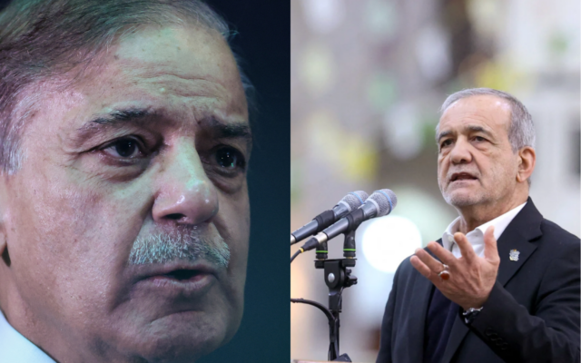 Montage photos (de gauche à droite) : Le Premier ministre pakistanais Shehbaz Sharif observant la scène alors qu'il assiste à une conférence sur les affaires et l'investissement aux côtés du Premier ministre malaisien Anwar Ibrahim, à Kuala Lumpur, le 6 octobre 2025 ; le président iranien Massoud Pezeshkian s'adressant aux membres du gouvernement lors de leur visite sur la tombe du défunt leader révolutionnaire iranien, l'ayatollah Ruhollah Khomeini, à Téhéran, le 31 janvier 2026. (Crédits : Hasnoor Hussain/POOL/AFP ; présidence iranienne/AFP)