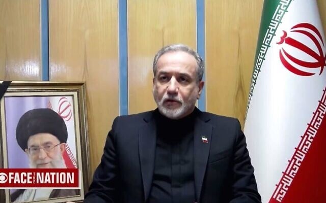 Le ministre iranien des Affaires étrangères, Abbas Araghchi, s’exprimant lors d’une interview sur CBS, le 15 mars 2026. (Crédit : Capture d’écran/CBS) Le ministre iranien des Affaires étrangères, Abbas Araghchi, s’exprimant lors d’une interview sur CBS, le 15 mars 2026. (Crédit : Capture d’écran/CBS)