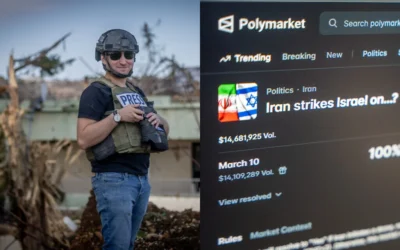 À gauche : le correspondant militaire du Times of Israel, Emanuel Fabian, dans le sud-Liban le 21 novembre 2024 ; À droite : cette photo prise le 16 mars 2026 donne à voir un pari sur le site Polymarket intitulé « L'Iran frappe Israël sur... ? » (Chaim Goldberg/Flash90 ; Emanuel Fabian/Times of Israel))