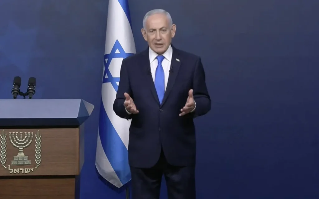 Le Premier ministre Benjamin Netanyahu lors d'une allocution vidéo, le 31 mars 2026. (Crédit : Capture d'écran)