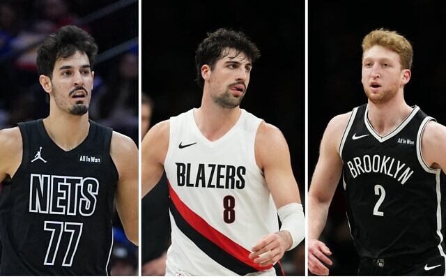 De gauche à droite : Ben Saraf, des Brooklyn Nets, en action lors d'un match de basket-ball de la NBA le 14 mars 2026 à Philadelphie. (Crédit : AP Photo/Matt Rourke) ; Deni Avdija, des Portland Trail Blazers, affrontant les Brooklyn Nets le 16 mars 2026 à New York. (Crédit : AP Photo/Frank Franklin II) ; Danny Wolf, des Brooklyn Nets, en action contre les Portland Trail Blazers le 16 mars 2026 à New York. (Crédit : AP Photo/Frank Franklin II)
