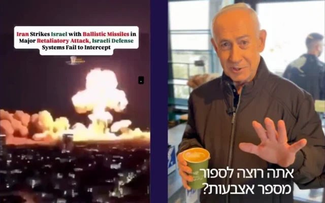 A gauche, une vidéo générée par IA donne à voir de faux missiles qui s'écrasent sur Tel Aviv ; à droite, le Premier ministre Benjamin Netanyahu montre ses mains pour mieux réfuter les rumeurs selon lesquelles il aurait été tué. (GPO/X via la JTA) A gauche, une vidéo générée par IA donne à voir de faux missiles qui s'écrasent sur Tel Aviv ; à droite, le Premier ministre Benjamin Netanyahu montre ses mains pour mieux réfuter les rumeurs selon lesquelles il aurait été tué. (GPO/X via la JTA)