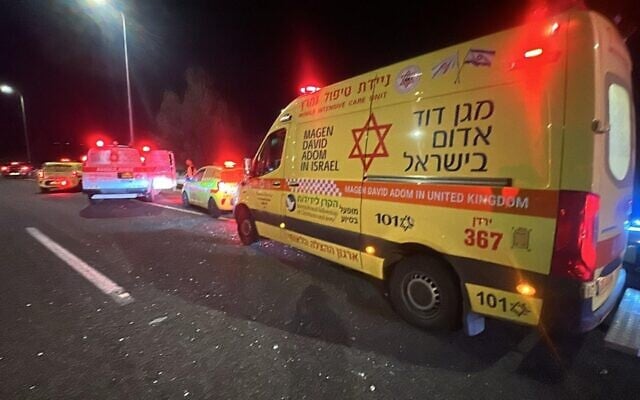 Les premiers intervenants sur les lieux d'une frappe meurtrière de roquette du Hezbollah dans le nord d'Israël, le 24 mars 2026. (Crédit : MDA)