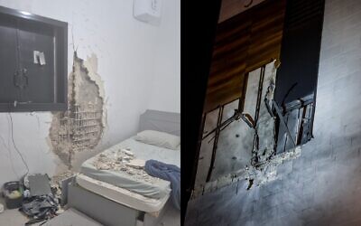 Dégâts causés par une bombe à sous-munitions iranienne à un mamad, à Petah Tikva, le 24 mars 2026. (Crédits : Réseaux sociaux ; utilisée conformément à l'article 27a de la loi sur le droit d'auteur ; Tal Gal/Flash90)