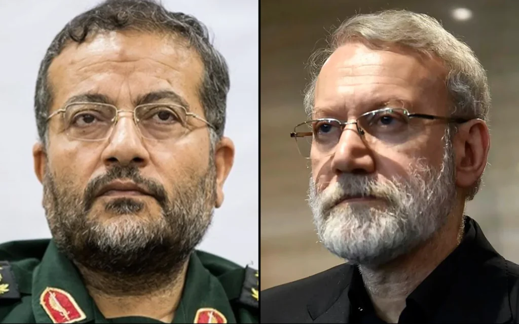 Montage photos (de gauche à droite) : Le commandant des Basij, Gholamreza Soleimani, sur une photo non datée ; le secrétaire du Conseil suprême de sécurité nationale iranien, Ali Larijani, à Beyrouth, au Liban, le 13 août 2025. (Crédits : Capture d'écran/Réseaux sociaux ; Parlement libanais/AFP)