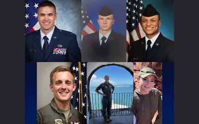 En haut, de gauche à droite : Seth K. Roval ; Curtis J. Angst, Tyler H. Simmons ; en bas, de gauche à droite : John A. Klinner, Ariana G. Savino, Ashley B. Pruitt ; tous ont perdu la vie lors du crash d'un avion militaire américain en Irak, le 12 mars 2026. (Crédit : Steven Nordhaus sur X)