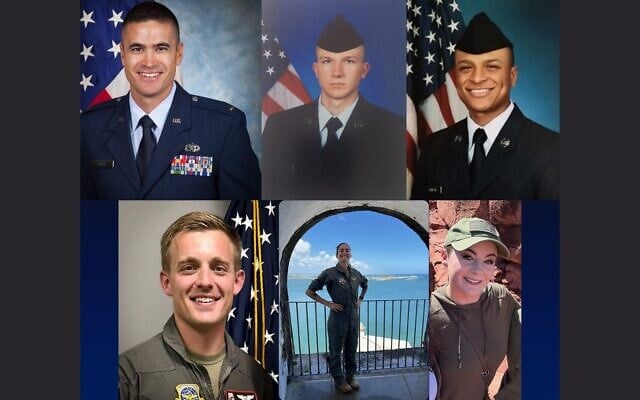 En haut, de gauche à droite : Seth K. Roval ; Curtis J. Angst, Tyler H. Simmons ; en bas, de gauche à droite : John A. Klinner, Ariana G. Savino, Ashley B. Pruitt ; tous ont perdu la vie lors du crash d'un avion militaire américain en Irak, le 12 mars 2026. (Crédit : Steven Nordhaus sur X)