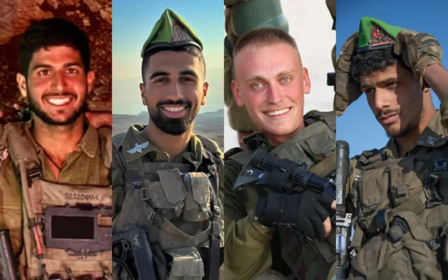 De gauche à droite : le capitaine Noam Madmoni, le sergent-chef Ben Cohen, le sergent-chef Maxsim Entis et le sergent-chef Gilad Harel, tombés au combat au Liban le 30 mars 2026. (Autorisation)