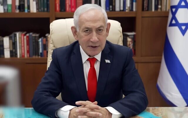 Le Premier ministre Benjamin Netanyahu fait une déclaration filmée sur les combats en cours avec le Hezbollah et le cessez-le-feu conclu entre les États-Unis et l'Iran, le 15 avril 2026. (Crédit : Capture d'écran/Bureau de presse du gouvernement)