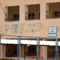 Un graffiti tagué par des partisans du mouvement pro-implantations israélien disant : "Un bon Arabe est un Arabe mort", macule les murs du lycée palestinien de Huwara, au sud de la ville de Naplouse en Cisjordanie, le 23 mars 2026. (Crédit: Jaafar ASHTIYEH / AFP)