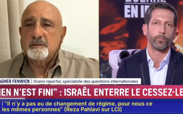 Raphaël Jerusalmy et Gallagher Fenwick, sur le plateau de LCI, le 9 avril 2026. (Crédit : capture d’écran LCI) Raphaël Jerusalmy et Gallagher Fenwick, sur le plateau de LCI, le 9 avril 2026. (Crédit : capture d’écran LCI)