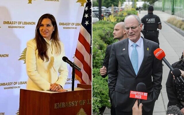 Montage photos (de gauche à droite) : L'ambassadrice du Liban aux États-Unis, Nada Hamadeh, et l'ambassadeur d'Israël aux États-Unis, Yechiel Leiter. (Crédits : Ambassade du Liban à Washington/AP)
