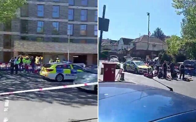 Les lieux d'une attaque à l'arme blanche à Golders Green, à Londres, le 29 avril 2026. (Crédit : Captures d'écran/X ; utilisées conformément à l'article 27a de la loi sur le droit d'auteur)