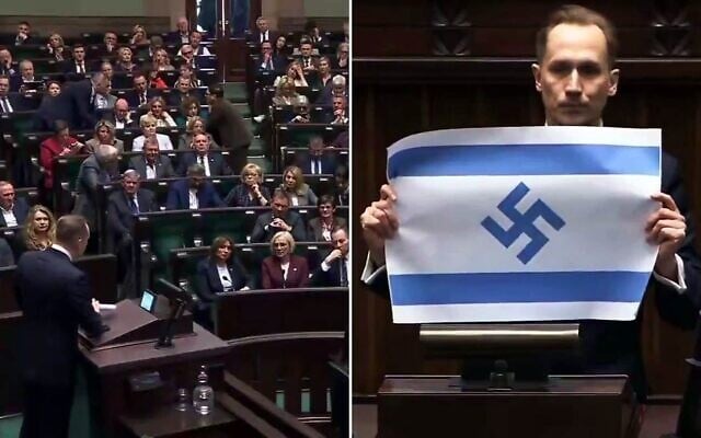 Captures d'écran tirées d'une vidéo montrant le député d'extrême droite polonais Konrad Berkowicz brandissant un drapeau israélien en papier orné d'une croix gammée au Parlement polonais, le 14 avril 2026. (Crédit : X ; utilisé conformément à l'article 27a de la loi sur le droit d'auteur)