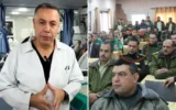 De gauche à droite : Hussam Abu Safiya, directeur de l'hôpital Kamal Adwan, sur une capture d'écran non datée tirée d'une vidéo de Democracy Now publiée sur YouTube le 14 janvier 2025 (capture d'écran de Democracy Now/YouTube) ; une photo de 2016 récemment remise au goût du jour montre Abu Safiya portant un uniforme du Hamas aux côtés d'autres officiers supérieurs du groupe terroriste. (Crédit: Services médicaux – Bande de Gaza)