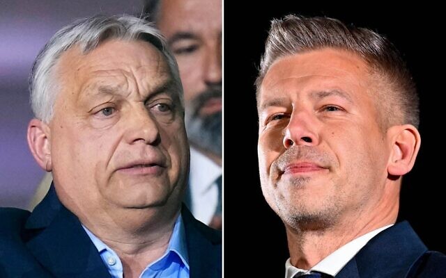 Montage photos (de gauche à droite) : Le Premier ministre hongrois Viktor Orbán s'adressant à ses partisans après avoir pris connaissance des résultats préliminaires des élections législatives, à Budapest, le 12 avril 2026 ; Peter Magyar, le chef du parti d'opposition Tisza, s'adressant à ses partisans après avoir revendiqué la victoire aux élections législatives, à Budapest, le 12 avril 2026. (Crédits : Petr David Josek/AP ; Denes Erdos/AP)