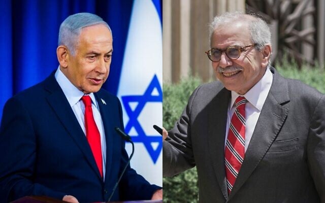 Montage photos (de gauche à droite) : Le Premier ministre Benjamin Netanyahu s'exprimant lors d'une conférence de presse, à Jérusalem, le 19 mars 2026 ; le Premier ministre libanais Nawaf Salam, au Palais du Gouvernement, à Beyrouth, au Liban, le 22 mai 2025. (Crédits : Shalev Shalom/POOL ; Hassan Ammar/AP)