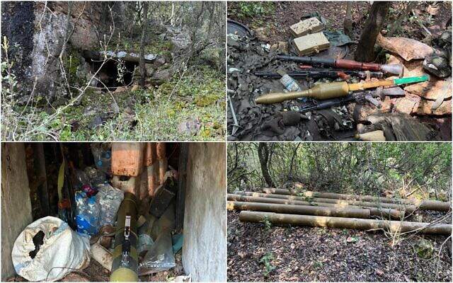 Armes découvertes par les troupes de l'armée israélienne dans un tunnel du groupe terroriste chiite libanais du Hezbollah au sud du Liban, sur des photos publiées le 9 avril 2026. (Crédit : Armée israélienne)