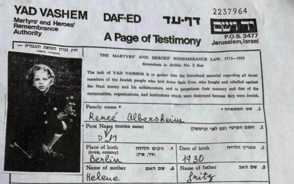 Renee Albersheim a été assassinée pendant la Shoah. Un couple juif de Floride récite le Kaddish pour elle tous les jours depuis des années. (Autorisation : Susan Bell via JTA)