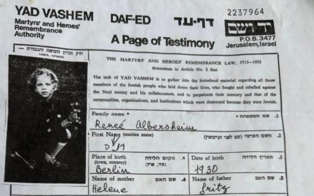 Renee Albersheim a été assassinée pendant la Shoah. Un couple juif de Floride récite le Kaddish pour elle tous les jours depuis des années. (Autorisation : Susan Bell via JTA)