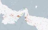 Cette capture d'écran du site MarineTraffic.com, prise le 14 avril à 8 h 35 (heure de l'Est), montre le détroit d'Ormuz. On observe une forte concentration de navires dans le golfe Persique et dans le golfe d'Oman, tandis que le détroit lui-même est pratiquement désert. (Capture d'écran: MarineTraffic)