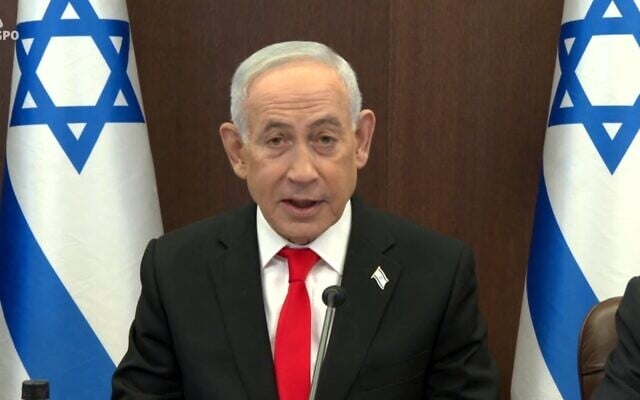 Le Premier ministre Benjamin Netanyahu s'exprimant au début de la réunion du cabinet, à Jérusalem, le 26 avril 2026. (Crédit : Capture d'écran/Bureau de la presse gouvernementale) Le Premier ministre Benjamin Netanyahu s'exprimant au début de la réunion du cabinet, à Jérusalem, le 26 avril 2026. (Crédit : Capture d'écran/Bureau de la presse gouvernementale)