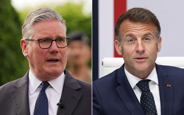 À gauche : le Premier ministre britannique Keir Starmer, le 8 avril 2026 ; à droite : le président français Emmanuel Macron, le 8 avril 2026. (Crédit : Pool via AP/Montage)