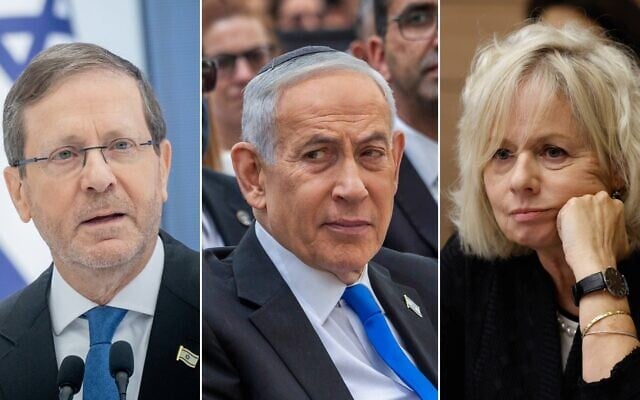 Montage photos (de gauche à droite) : Le président Isaac Herzog assistant à une cérémonie en l'honneur de soldats méritants, à Jérusalem, le 20 avril 2026 ; le Premier ministre Benjamin Netanyahu assistant à une cérémonie commémorative officielle, au cimetière militaire du mont Herzl, à Jérusalem, le 21 avril 2026 ; la procureure générale, Gali Baharav-Miara, à la Knesset, à Jérusalem, le 30 septembre 2025. (Crédits : Chaïm Goldberg/Flash90 ; Dor Pazuelo/Flash90 ; Oren Ben Hakoon/Flash90)