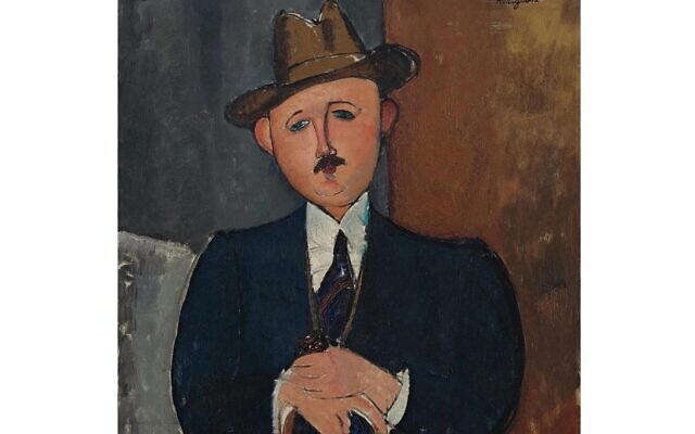 En 2026, un juge a statué que le tableau « Homme assis à la canne » d'Amedeo Modigliani (1918), devait être restitué à la famille de l'homme qui en était propriétaire avant la Shoah. (Crédit : Sotheby's) En 2026, un juge a statué que le tableau « Homme assis à la canne » d'Amedeo Modigliani (1918), devait être restitué à la famille de l'homme qui en était propriétaire avant la Shoah. (Crédit : Sotheby's)