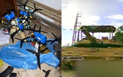 À gauche : des drones FPV du Hezbollah saisis par les forces israéliennes dans le sud du Liban, sur une photo diffusée le 3 avril 2026 ; à droite : un drone du Hezbollah s'écrase sur un char israélien dans la ville de Mays al-Jabal, au sud du Liban, le 11 avril 2026, dans une vidéo publiée par le groupe terroriste le 27 avril 2026. (Crédit : Armée israélienne ; Bureau de presse du Hezbollah)