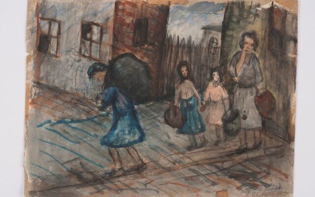« Figures in the Ghetto » (Personnages dans le ghetto), par Zvi Hersz Szylis (Crédit : Collection d'art, Archives Moshal, Yad Vashem)