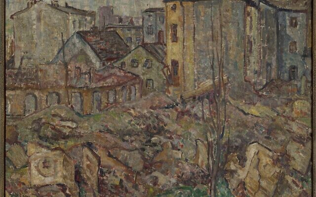 « Ruins of the synagogue » (Synagogue en ruines), par Sara Gliksman-Fajtlowicz (Crédit : Collection d'art, Fonds Moshal, Yad Vashem)