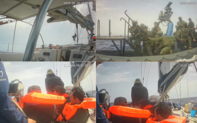 Des soldats israéliens commençant à intercepter les bateaux de la Global Sumud Flotilla, au large des côtes chypriotes, le 18 mai 2026. (Crédit : Capture d'écran/Global Sumud Flotilla)