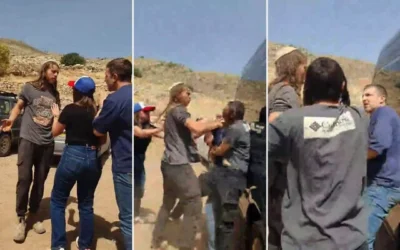 Des résidents d'implantations agressent Lior Amichai, directeur de Peace Now, à la source d'Ein Samiya en Cisjordanie, le 14 mai 2026. (Capture d'écran / Peace NowX : utilisée conformément à l'article 27a de la loi sur les droits d'auteur)