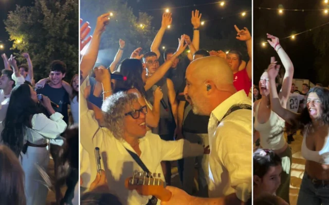 Elai Botner (que l'on voit jouer de la guitare) donne un concert et fait la fête avec les membres du Kibboutz Nahal Oz le 21 mai 2026. (Autorisation)