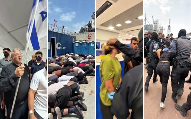 Extraits d'une vidéo diffusée par le ministre de la Sécurité nationale, Itamar Ben Gvir, montrant ce dernier en train de narguer des activistes de la Global Sumud Flotilla, ligotés et placés en détention, au port d'Ashdod, le 20 mai 2026. (Crédit : Ben Gvir via X)