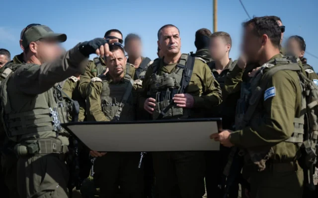 Le chef d'état-major de l'armée israélienne, le lieutenant-général Eyal Zamir (au centre), en compagnie d'officiers en Cisjordanie, le 13 mai 2026. (Crédit : Armée israélienne)