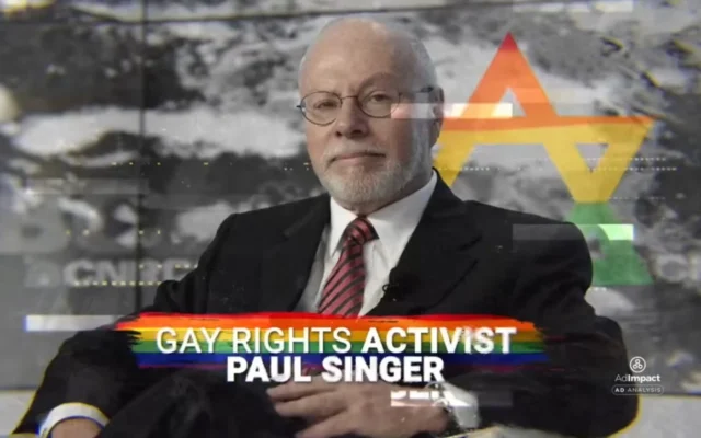 Dans une nouvelle publicité pour la réélection du député républicain Thomas Massie, une étoile de David arc-en-ciel mise en évidence derrière l’investisseur républicain Paul Singer, qui est juif. (Capture d’écran :YouTube/JTA)