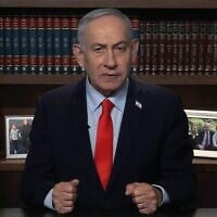 Le Premier ministre Benjamin Netanyahu dans une allocution vidéo, le 3 mai 2026. (Crédit : Capture d’écran/Bureau de la presse gouvernementale)