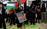 Des militants pro-palestiniens organisent une manifestation contre la participation d'Israël à la Biennale d'art de Venise, devant le pavillon israélien, le 6 mai 2026 à Venise. (Crédit :: Marco BERTORELLO / AFP)