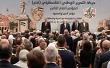 Le président de l'Autorité palestinienne, Mahmoud Abbas (2e à gauche), préside la huitième conférence du Fatah à Ramallah, en Cisjordanie, le 14 mai 2026. (Crédit : Jaafar ASHTIYEH / AFP)