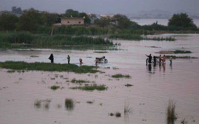 Des habitants avancent dans les eaux de crue le long des rives de l'Euphrate, près de Raqqa, dans le nord-est de la Syrie, mardi 26 mai 2026. (Crédit: AP/Baderkhan Ahmad) Des habitants avancent dans les eaux de crue le long des rives de l'Euphrate, près de Raqqa, dans le nord-est de la Syrie, mardi 26 mai 2026. (Crédit: AP/Baderkhan Ahmad)