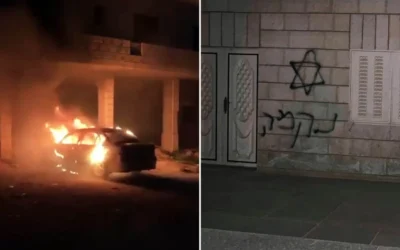 Des images montrent une voiture en feu et un graffiti sur un mur où l’on peut lire « Revenge » (Vengeance) sur un mur, à la suite d’une attaque présumée de résidents d’implantations dans le village palestinien de Turmus Ayya, en Cisjordanie, le 18 avril 2026. (Crédit : Captures d’écran/X, utilisées conformément à la clause 27a de la loi sur le droit d’auteur)