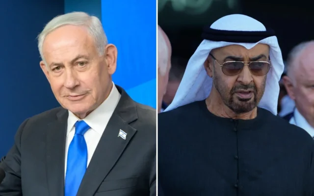 Le Premier ministre Benjamin Netanyahu (à gauche) fait une déclaration, le 13 mai 2026. (Crédit: Maayan Toaf/GPO) ; Le cheikh Mohammed ben Zayed Al Nahyan, président des Émirats arabes unis et souverain d'Abou Dhabi, arrive au Salon aéronautique de Dubaï, aux Émirats arabes unis, le 17 novembre 2025. (Crédit : AP Photo/Fatima Shbair)