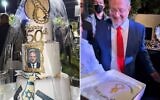 Montage photos (de gauche à droite) : Un grand gâteau d'anniversaire orné d'un nœud coulant doré et d'armes à feu offert au ministre de la Sécurité nationale, Itamar Ben Gvir, lors de la fête organisée pour son 50ᵉ anniversaire, le 2 mai 2026 ; Ayala Ben Gvir offrant à son époux un deuxième gâteau d'anniversaire, plus petit, également orné d'un nœud coulant, le 2 mai 2026. (Crédits : Capture d'écran/Itamar Ben Gvir via Instagram)