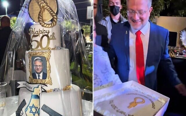 Montage photos (de gauche à droite) : Un grand gâteau d'anniversaire orné d'un nœud coulant doré et d'armes à feu offert au ministre de la Sécurité nationale, Itamar Ben Gvir, lors de la fête organisée pour son 50ᵉ anniversaire, le 2 mai 2026 ; Ayala Ben Gvir offrant à son époux un deuxième gâteau d'anniversaire, plus petit, également orné d'un nœud coulant, le 2 mai 2026. (Crédits : Capture d'écran/Itamar Ben Gvir via Instagram)