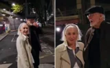 Helen Mirren et son mari Taylor Hackford dans une vidéo où un homme accoste et insulte l’actrice en la traitant de « evil Zionist bitch ». (Crédit : Capture d’écran via X, utilisée conformément à l’article 27a de la loi sur le droit d’auteur)