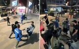 Mordechaï David et d'autres agitateurs de droite harcelant Naor Narkis et son compagnon (tous deux en bleu), à la Cinémathèque de Tel Aviv, le 9 mai 2026. (Crédit : Capture d'écran via X/Ofri Eitan)