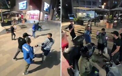 Mordechaï David et d'autres agitateurs de droite harcelant Naor Narkis et son compagnon (tous deux en bleu), à la Cinémathèque de Tel Aviv, le 9 mai 2026. (Crédit : Capture d'écran via X/Ofri Eitan) Mordechaï David et d'autres agitateurs de droite harcelant Naor Narkis et son compagnon (tous deux en bleu), à la Cinémathèque de Tel Aviv, le 9 mai 2026. (Crédit : Capture d'écran via X/Ofri Eitan)